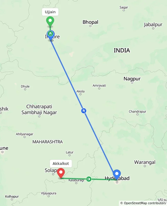 Route map showing distance and travel time from Ujjain, India to Akkalkot, India