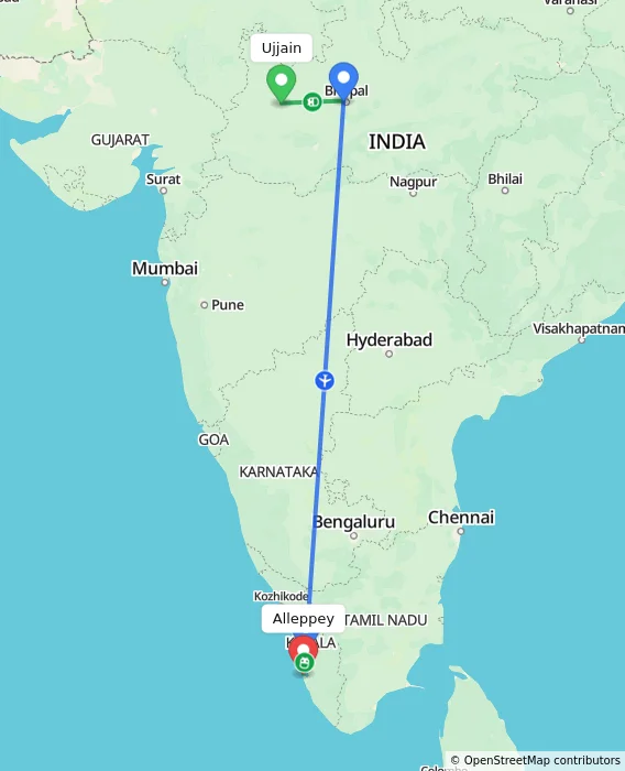 Route map showing distance and travel time from Ujjain, India to Alappuzha, India
