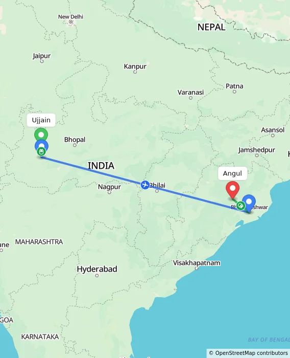 Route map showing distance and travel time from Ujjain, India to Angul, India