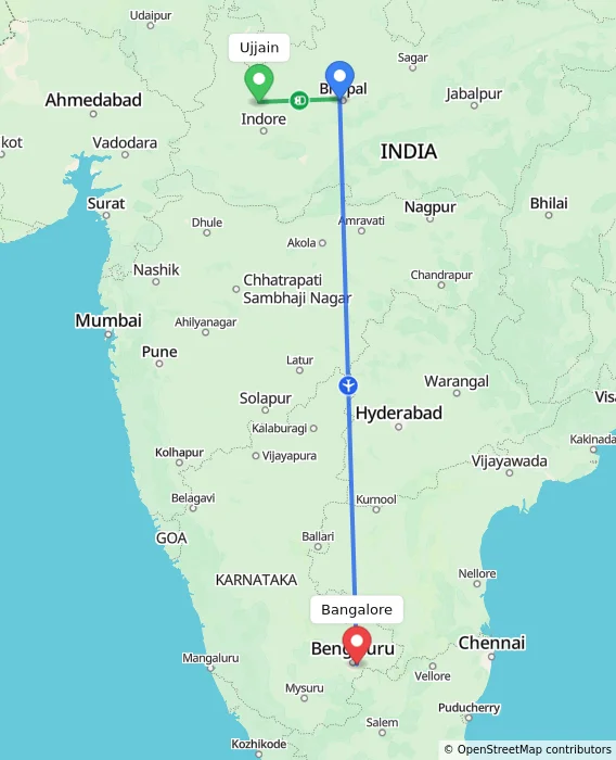 Route map showing distance and travel time from Ujjain, India to Bangalore, India