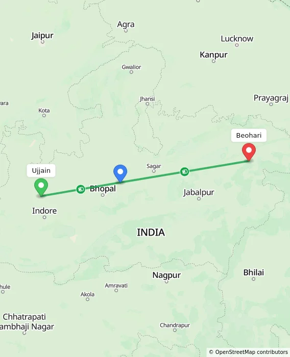 Route map showing distance and travel time from Ujjain, India to Beohari, India