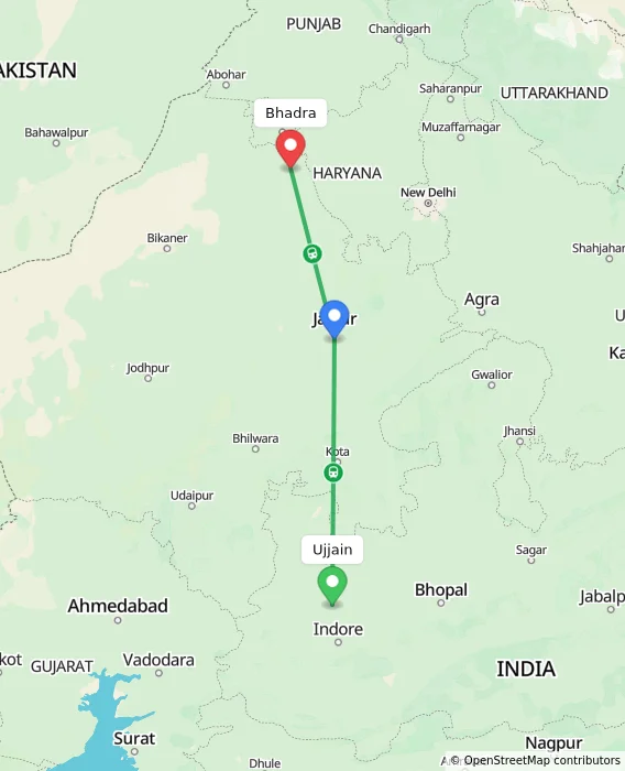 Route map showing distance and travel time from Ujjain, India to Bhadra, India