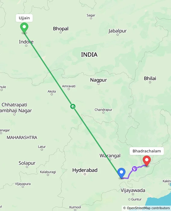 Route map showing distance and travel time from Ujjain, India to Bhadrachalam, India
