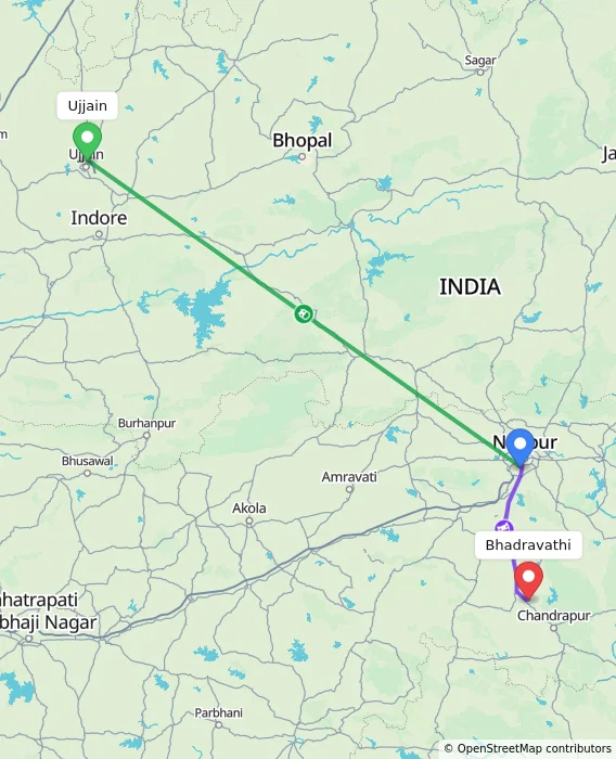 Route map showing distance and travel time from Ujjain, India to Bhadravathi, India