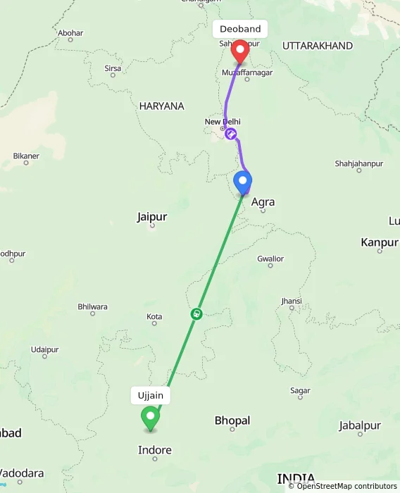 Route map showing distance and travel time from Ujjain, India to Deoband, India