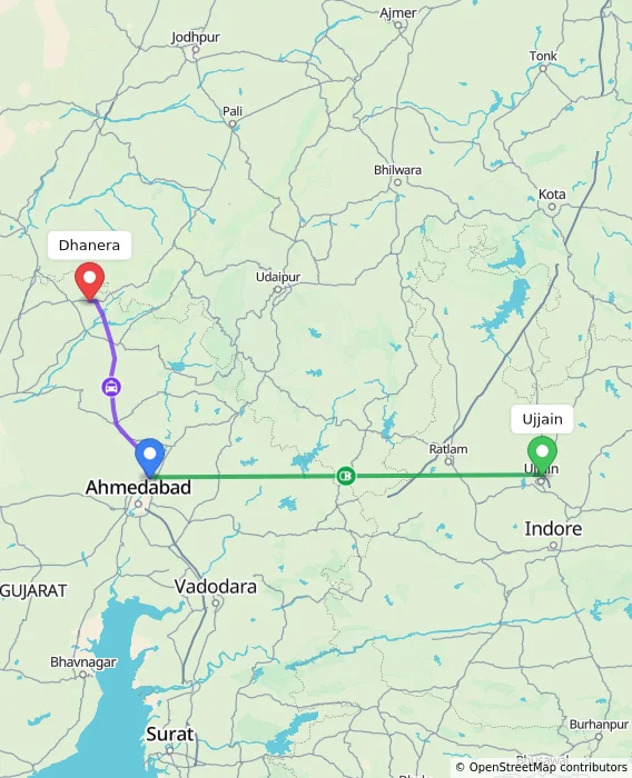 Route map showing distance and travel time from Ujjain, India to Dhanera, India