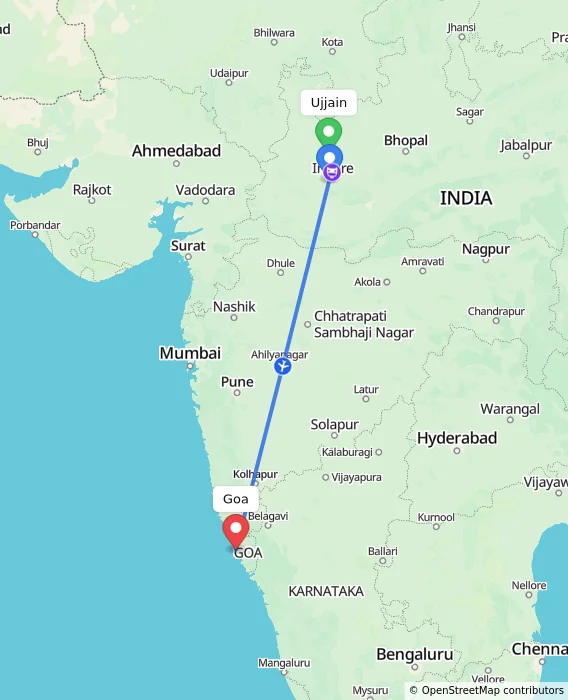 Route map showing distance and travel time from Ujjain, India to Goa, India