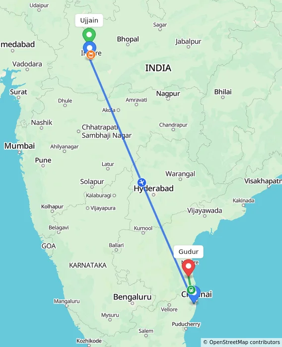 Route map showing distance and travel time from Ujjain, India to Gudur, India