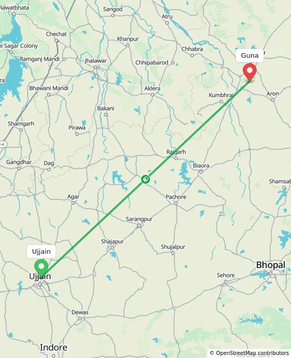 Route map showing distance and travel time from Ujjain, India to Guna, India