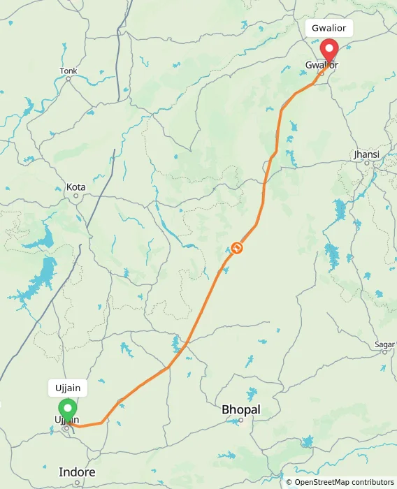Route map showing distance and travel time from Ujjain, India to Gwalior, India