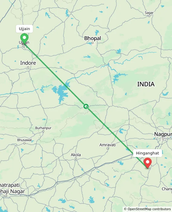 Route map showing distance and travel time from Ujjain, India to Hinganghat, India