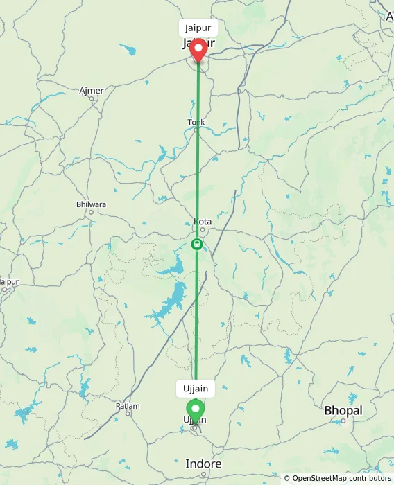 Route map showing distance and travel time from Ujjain, India to Jaipur, India