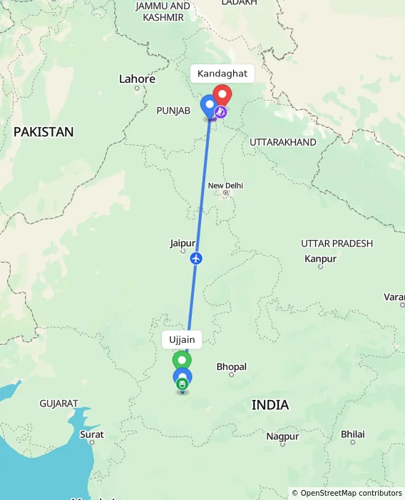 Route map showing distance and travel time from Ujjain, India to Kandaghat, India