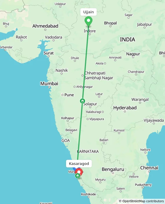 Route map showing distance and travel time from Ujjain, India to Kasaragod, India