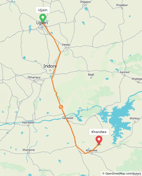 Route map showing distance and travel time from Ujjain, India to Khandwa, India