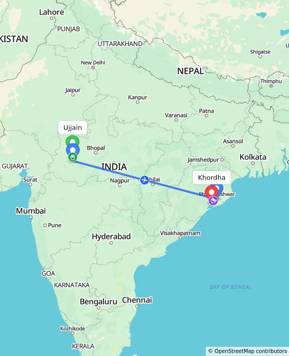 Route map showing distance and travel time from Ujjain, India to Khordha, India