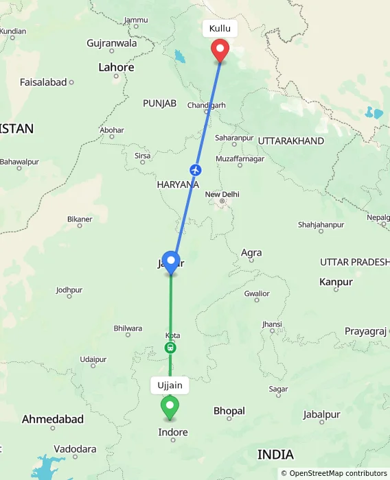 Route map showing distance and travel time from Ujjain, India to Kullu, India