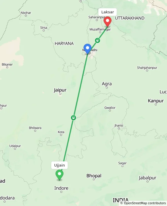 Route map showing distance and travel time from Ujjain, India to Laksar, India