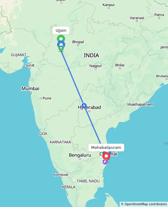 Route map showing distance and travel time from Ujjain, India to Mahabalipuram, India