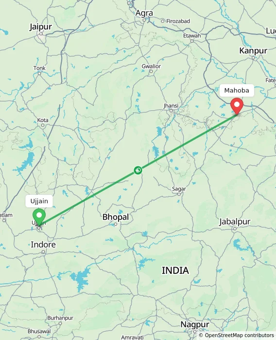 Route map showing distance and travel time from Ujjain, India to Mahoba, India
