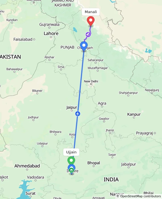 Route map showing distance and travel time from Ujjain, India to Manali, India