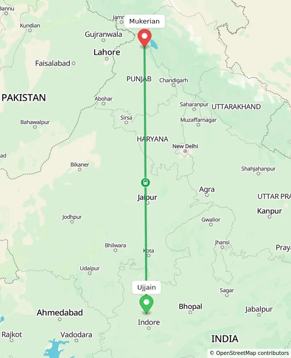 Route map showing distance and travel time from Ujjain, India to Mukerian, India