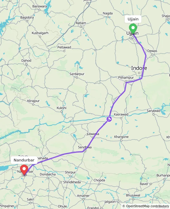 Route map showing distance and travel time from Ujjain, India to Nandurbar, India