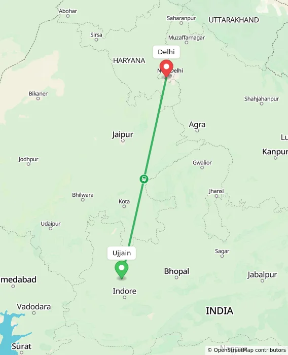 Route map showing distance and travel time from Ujjain, India to Delhi, India