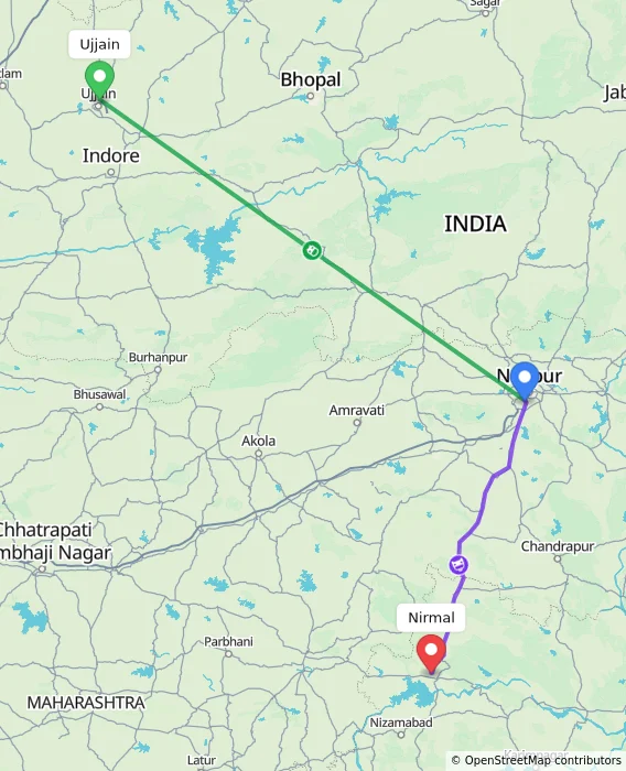 Route map showing distance and travel time from Ujjain, India to Nirmal, India