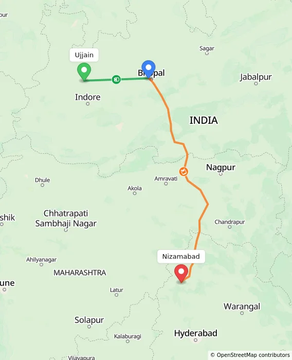 Route map showing distance and travel time from Ujjain, India to Nizamabad, India
