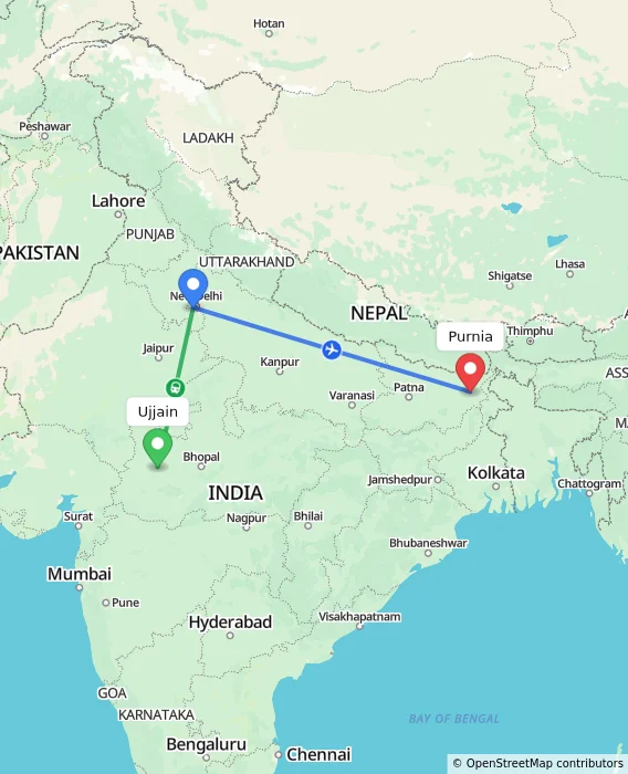 Route map showing distance and travel time from Ujjain, India to Purnia, India