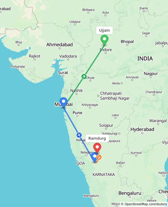 Route map showing distance and travel time from Ujjain, India to Ramdurg, India
