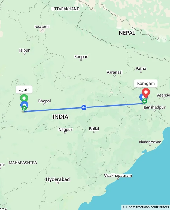 Route map showing distance and travel time from Ujjain, India to Ramgarh, India