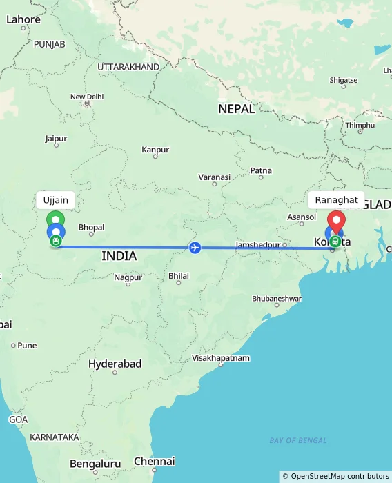 Route map showing distance and travel time from Ujjain, India to Ranaghat, India