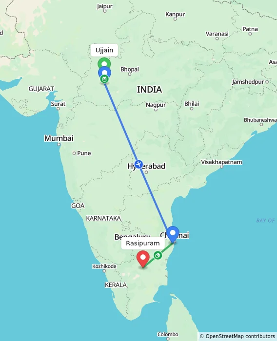 Route map showing distance and travel time from Ujjain, India to Rasipuram, India