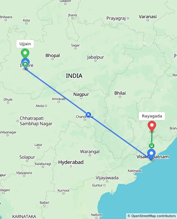 Route map showing distance and travel time from Ujjain, India to Rayagada, India