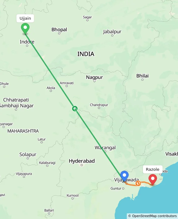 Route map showing distance and travel time from Ujjain, India to Razole, India