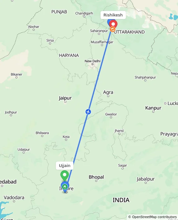 Route map showing distance and travel time from Ujjain, India to Rishikesh, India
