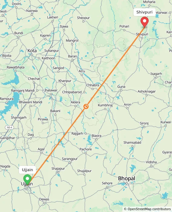 Route map showing distance and travel time from Ujjain, India to Shivpuri, India