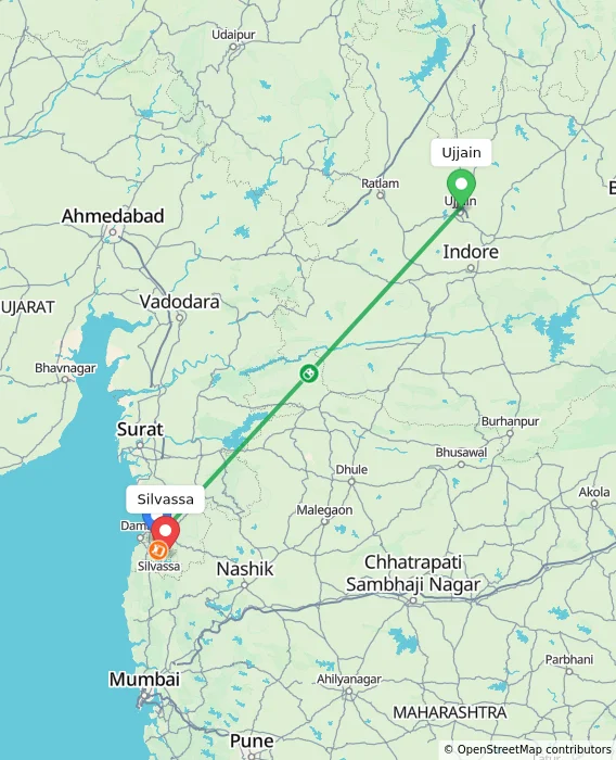 Route map showing distance and travel time from Ujjain, India to Silvassa, India