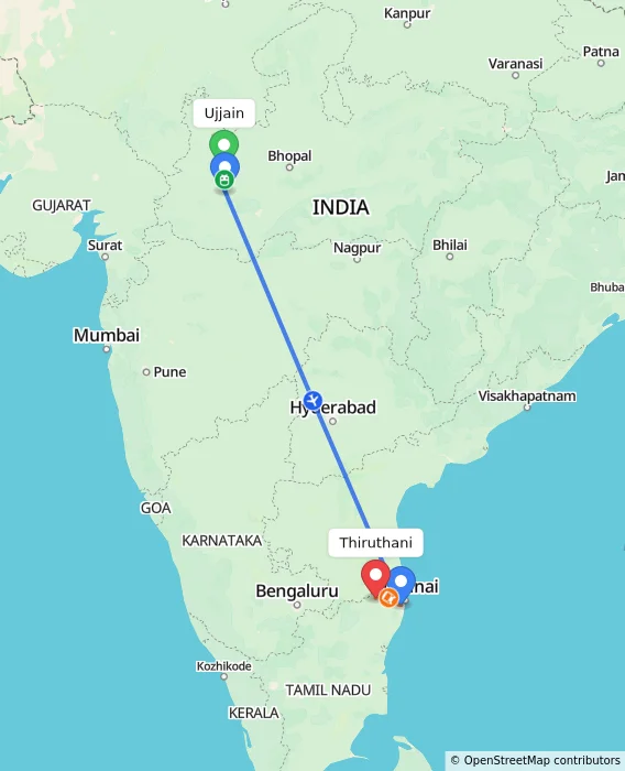 Route map showing distance and travel time from Ujjain, India to Thiruthani, India