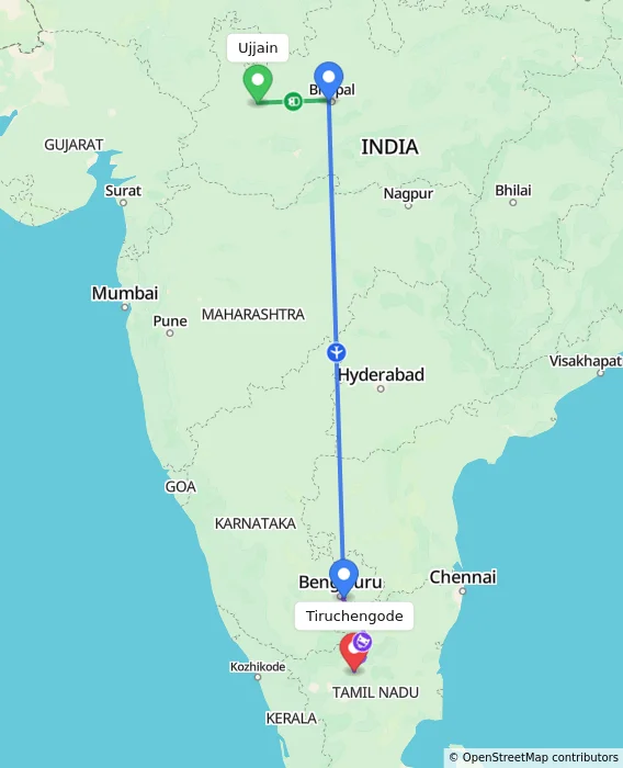 Route map showing distance and travel time from Ujjain, India to Tiruchengode, India