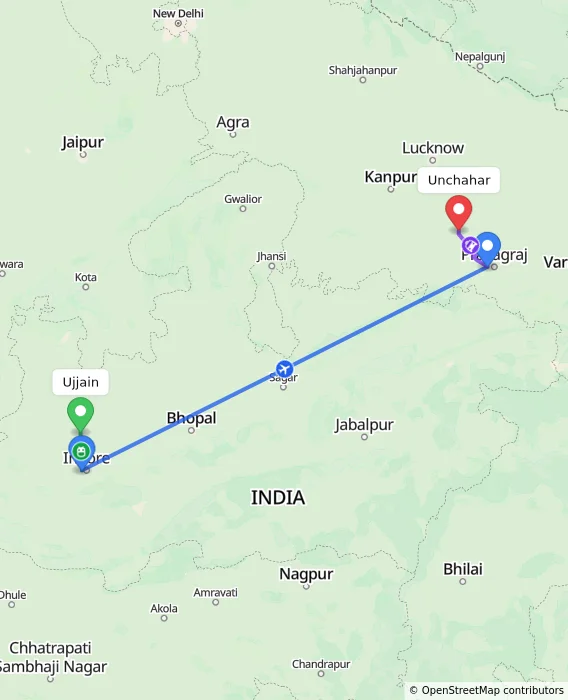 Route map showing distance and travel time from Ujjain, India to Unchahar, India