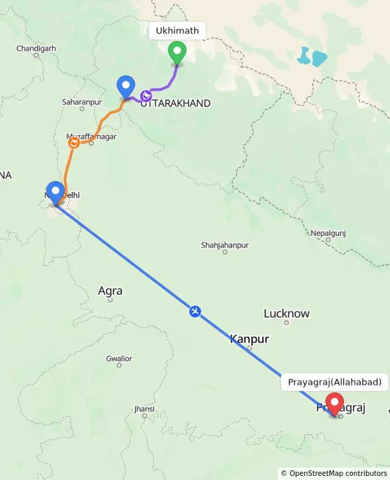 Route map showing distance and travel time from Ukhimath, India to Allahabad, India