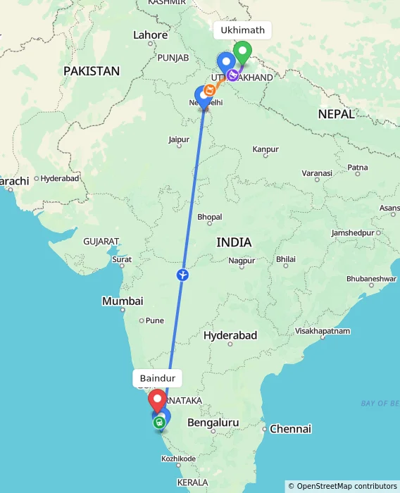 Route map showing distance and travel time from Ukhimath, India to Baindur, India