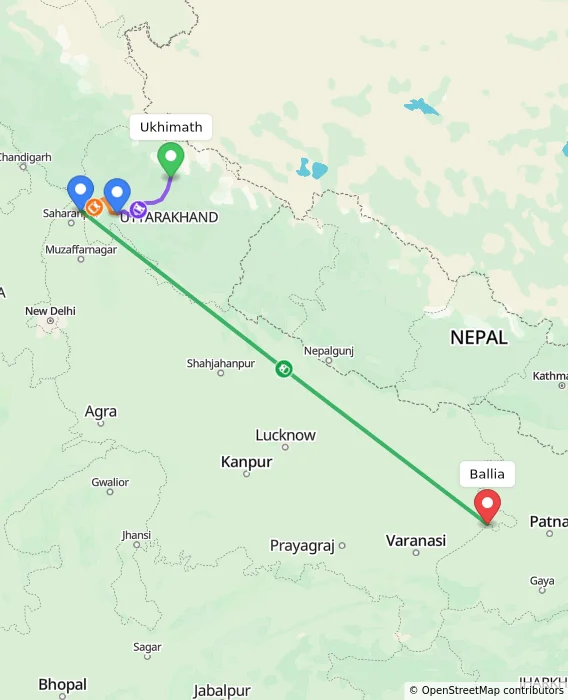 Route map showing distance and travel time from Ukhimath, India to Ballia, India