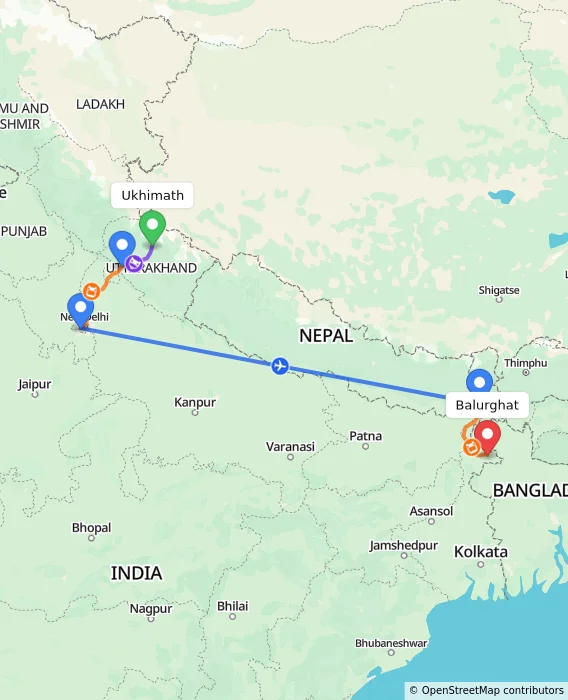 Route map showing distance and travel time from Ukhimath, India to Balurghat, India