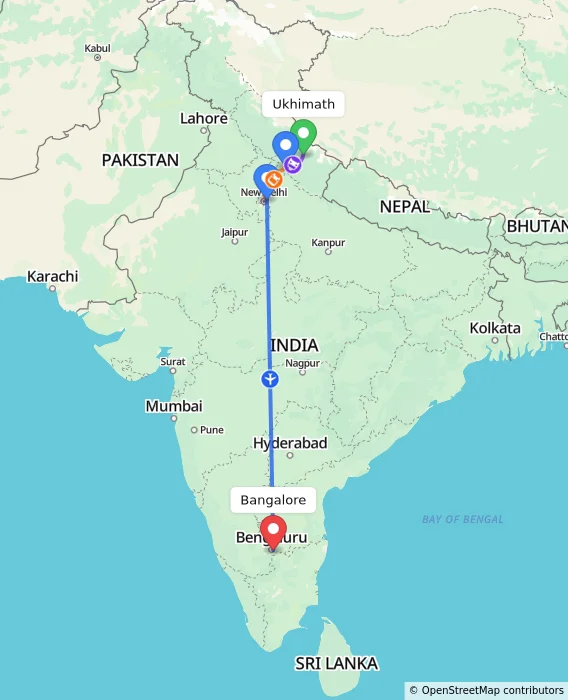 Route map showing distance and travel time from Ukhimath, India to Bangalore, India