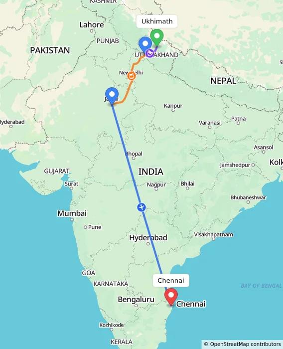Route map showing distance and travel time from Ukhimath, India to Chennai, India