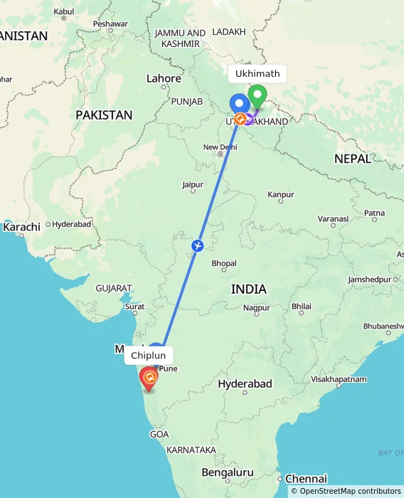 Route map showing distance and travel time from Ukhimath, India to Chiplun, India